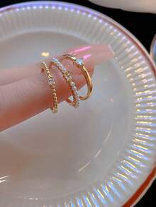 Nooxian 3pcs/Set Fashionable Cubic Zirconia Heart & Faux Pearl Decor Cuff Ring For Women For Daily Decoration Valentines