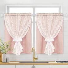 Linen Pink Kitchen Tier Curtains 36 Inch Length, Double Layered Kitchen Curtain With Linen And Lace, Rod Pocket Window Curtains With Tiebacks, Boho Window Treatments For Bathroom Cafe, 2 Panel - 粉紅26寬x36公升2包 - 查看 1