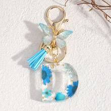 Fashionable Butterfly Tassel Flower Initial Keychain For Girl And Ladies, Blue Cute Dry Flower Dandelion Letter Key Chain, Backpack/Handbag Decoration Gift Bag Accessories Lanyards With Id Holder Car Accessories Bag Charms Christmas Car Accessories Teacher Friend Sister Gift Ideas