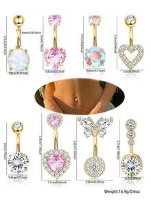 8pcs Sexy Glamorous Butterfly & Heart Shaped Cubic Zirconia Navel Rings Set, Intimate Piercing Jewelry For Party