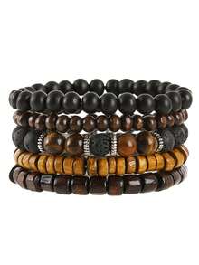 Set de 5 piezas/12 piezas de pulseras elásticas apilables con cuentas de cuero número 8 hechas a mano, estilo clásico, neutro, perfecto como regalo para el Día del Padre y la amistad, ideal para fiestas, música, festivales y estilo punk hip hop - Multicolor - Ver 7