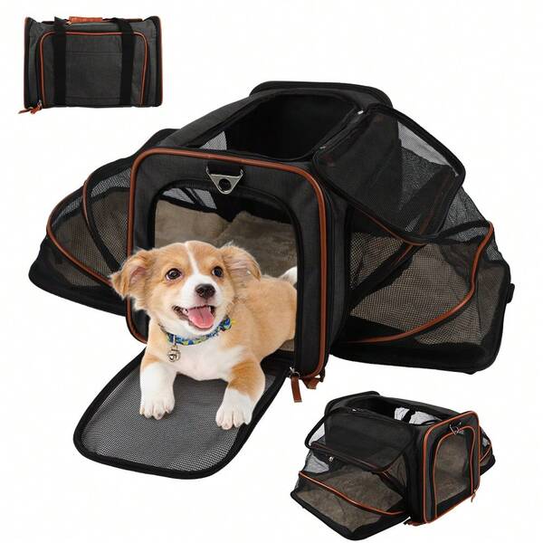 FULED 2 Side Expandable Cat And Dog Carrier - Airline Approved Expandable Soft Sided Pet Carrier, Multi-Purpose Pet Travel Carrier With Removable Fleece Pad And Pockets For Cats/Dogs And Small Animals Up To 24 Lbs Travel Pet Carrier