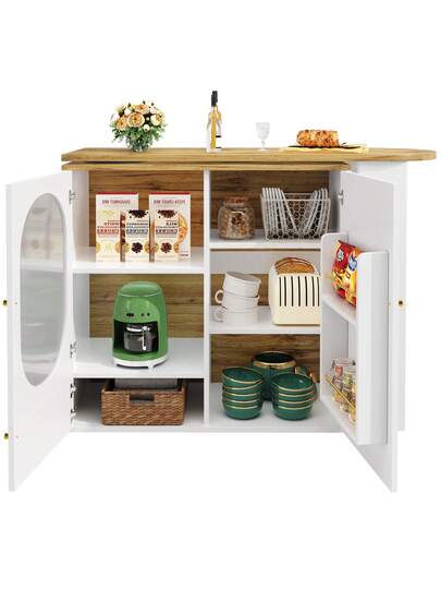 Sairedel Wit 360° Rotating Bar Tafel Storage Space Kitchen Isl 138x39x102cm Doors, Door Shelves Removable Dividers, As Dining Counter view 8
