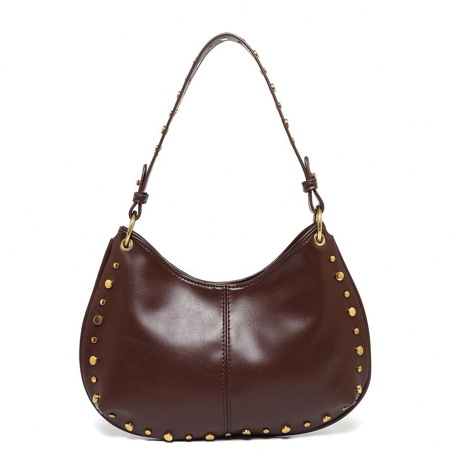 Bolso bandolera de silla de montar con remaches ajustable para mujer de talla grande y estilo punk - Café integral - Ver 1