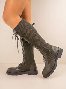 Knee High Lace Up Winter Boots with Chunky Outsole and Flexible Knit Upper - 綠色 - 查看 2