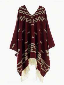 1pc Men's Geometric Pattern Tasseled Poncho Cape Shawl, Warm Outerwear Shawl