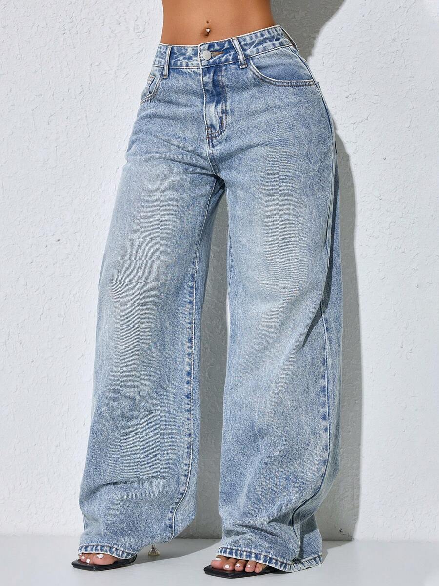 低腰阔腿休闲蓝色做旧斜插口袋弧形裤脚女式牛仔裤，秋季款 - 藍色 - 查看 1