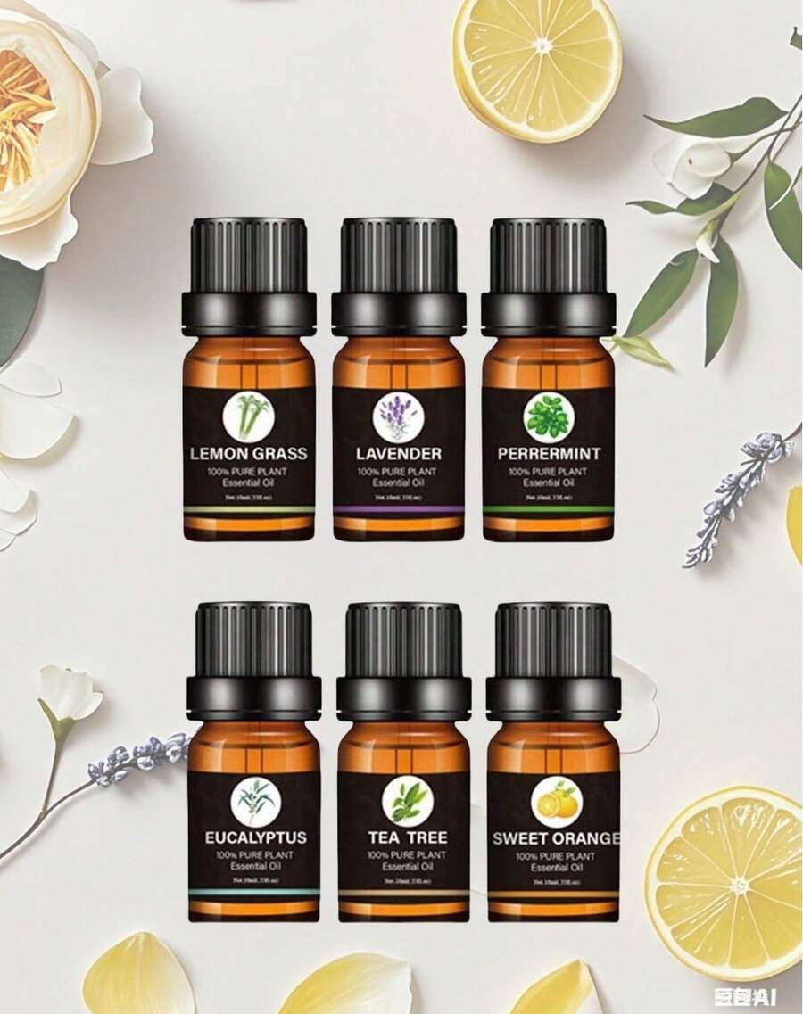 HALMAN Kit De 6 Aceites Esenciales 100% Natural Para Difusor Y Spa - Perfume avanzado para difusor, humidificador y aromaterapia -Té, Menta, Lavanda, Eucalipto, Lemongrass, Naranja., usado para relajar y mejorar el estado de ánimo - Múltiples aromas - Ver 1