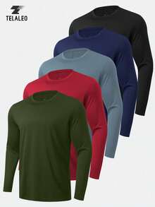 TELALEO 5 Packs Long Sleeve Shirts For Men Plus Size Casual Workout Shirts Tee Shirts