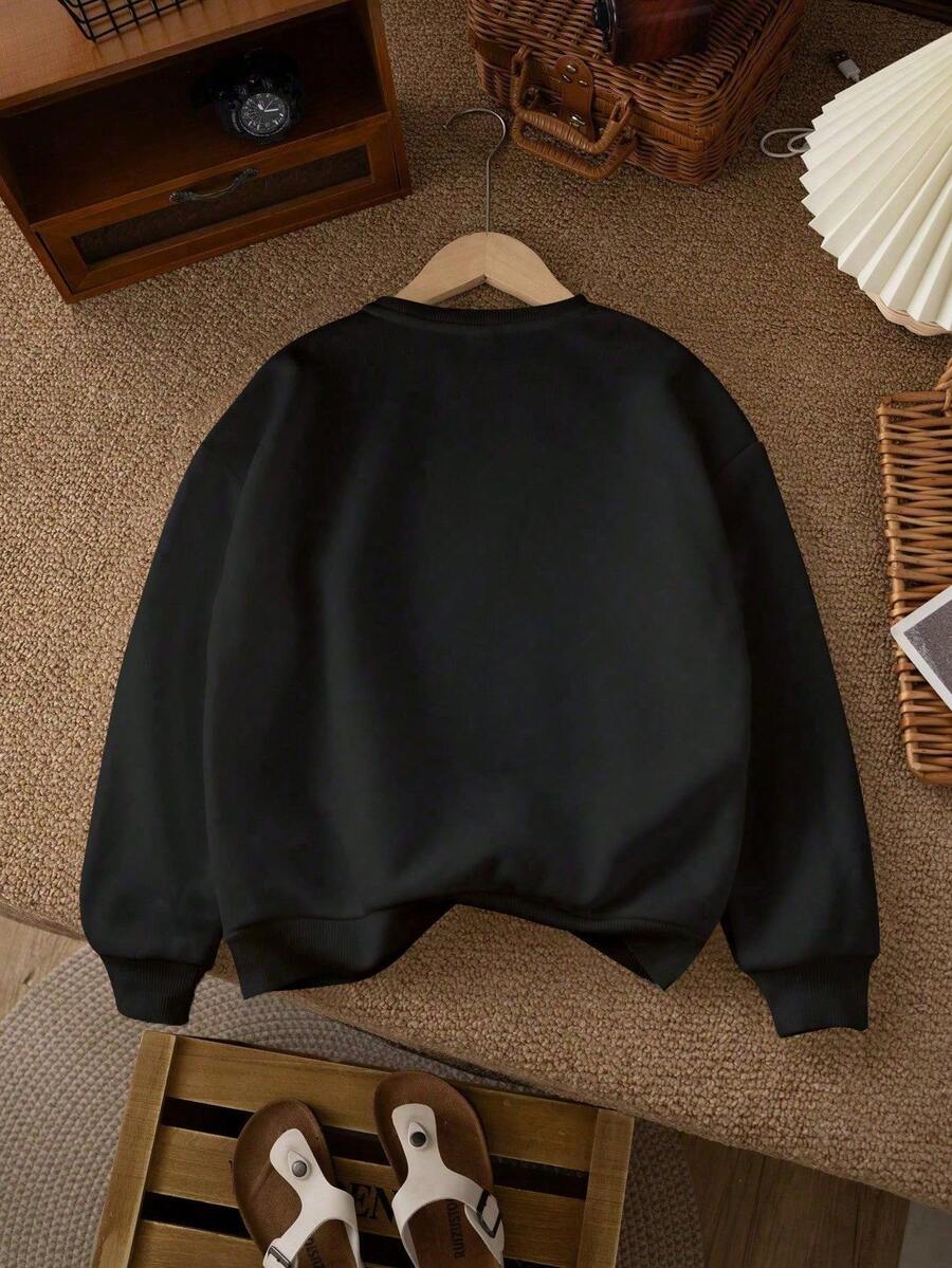 Girls' Long-Sleeved Crewneck Pullover With Cartoon Print, Suitable For Wearing In Autumn And Winter. - Black - View 1