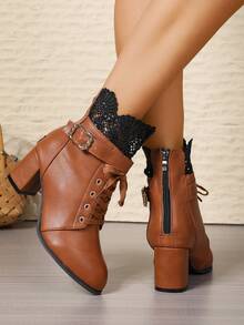 2025 Herbst/Winter Mode Koreanischer Stil Stiefeletten in Große Größen, Stiefel für Damen, Dicker Absatz, Schnalle, Spitzenbesatz