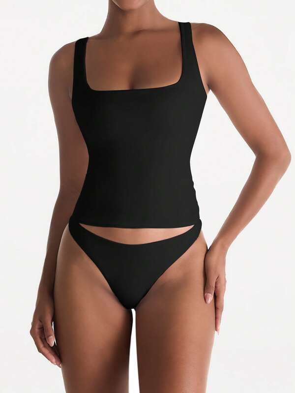 XLLAIS Solid Square Neck Sleeveless Tank Top Women Slim Casual Wear