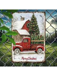 Merry Christmas Vintage Metal Sign - 20.32X30.48 Cm, Rustic Red Truck With Christmas Tree Design, Easy To Hang Wall Decor For Home, Bar, Cafe, Garage, Metal Outdoor Decor Christmas Decorations Home Decor Room Decor