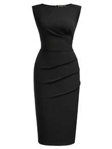 MIUSOL Elegant Women's Sleeveless Ruched Bodycon Pencil Dress, Slim Fit Zip Back Split Hem Business Casual Outfit, Perfect For Office, Wedding Guest, Birthday, Homecoming And Church - 黑色 - 查看 7