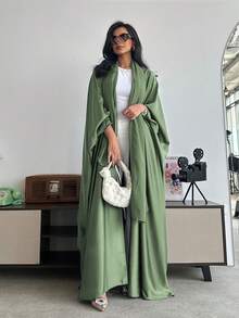Middle Eastern Style Loose Solid Color Robe With Batwing Sleeves And Headscarf, Abaya Spring - Light Green - View 3
