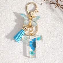 Fashionable Butterfly Tassel Flower Initial Keychain For Girl And Ladies, Blue Cute Dry Flower Dandelion Letter Key Chain, Backpack/Handbag Decoration Gift Bag Accessories Lanyards With Id Holder Car Accessories Bag Charms Christmas Car Accessories Teacher Friend Sister Gift Ideas