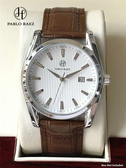 Pablo Raez 1pc Vintage Men's Exquisite Jewelry Watch, Original Charming Summer Beach Accessory, Men's Wristwatch, Well-Known Brand New Luxury Men's Wristwatch, IPS Silver Dial, Anti-Fading Super Soft Fiber Leather Breathable Strap, 50M Water Resistant, Minimalist Calendar Dial