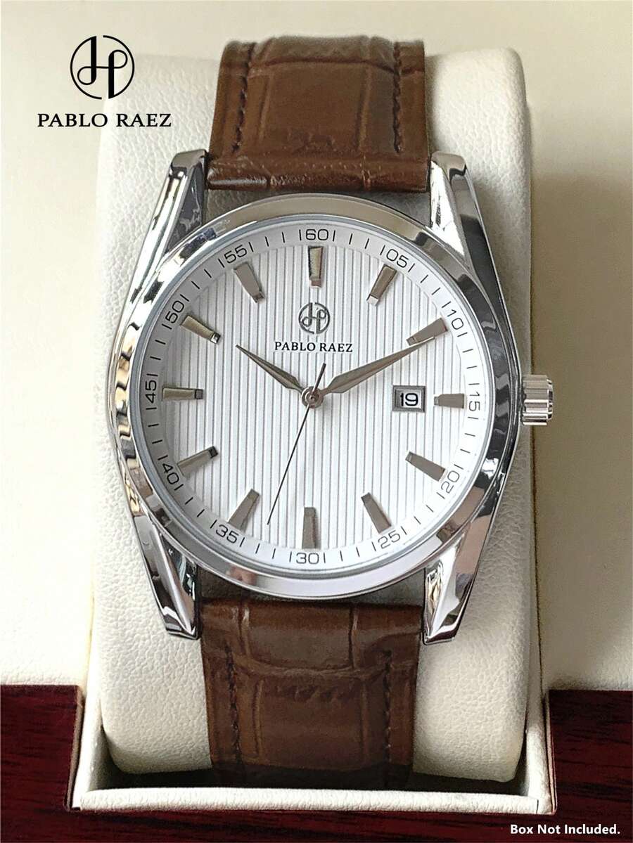 Pablo Raez 1件复古男士精致珠宝腕表，原创迷人夏季海滩配饰，男士腕表，知名品牌全新奢华男士腕表，IPS银色表盘，防褪色超柔软透气纤维皮革表带，50米防水，简约日历表盘