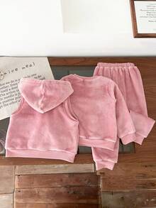 3 Stücke süßer Kaninchen Stickerei Fleece Langarm Top, einfarbige Hose und Kapuzen-Reißverschluss Weste Set, geeignet für Alltag und Outdoor, Herbst/Winter