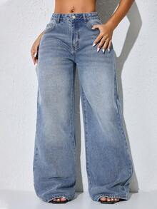 Jeans casuales de mujer de cintura baja, pierna ancha, bolsillos sesgados curvos, color azul, ropa de otoño