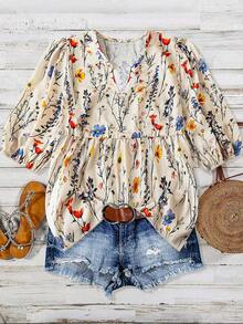 女士时尚印花V领泡泡袖松紧袖口休闲衬衫 - 杏色 - 查看 1