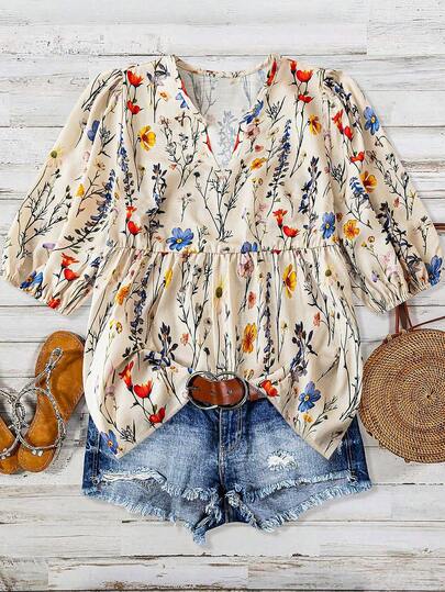 女士时尚印花V领泡泡袖松紧袖口休闲衬衫