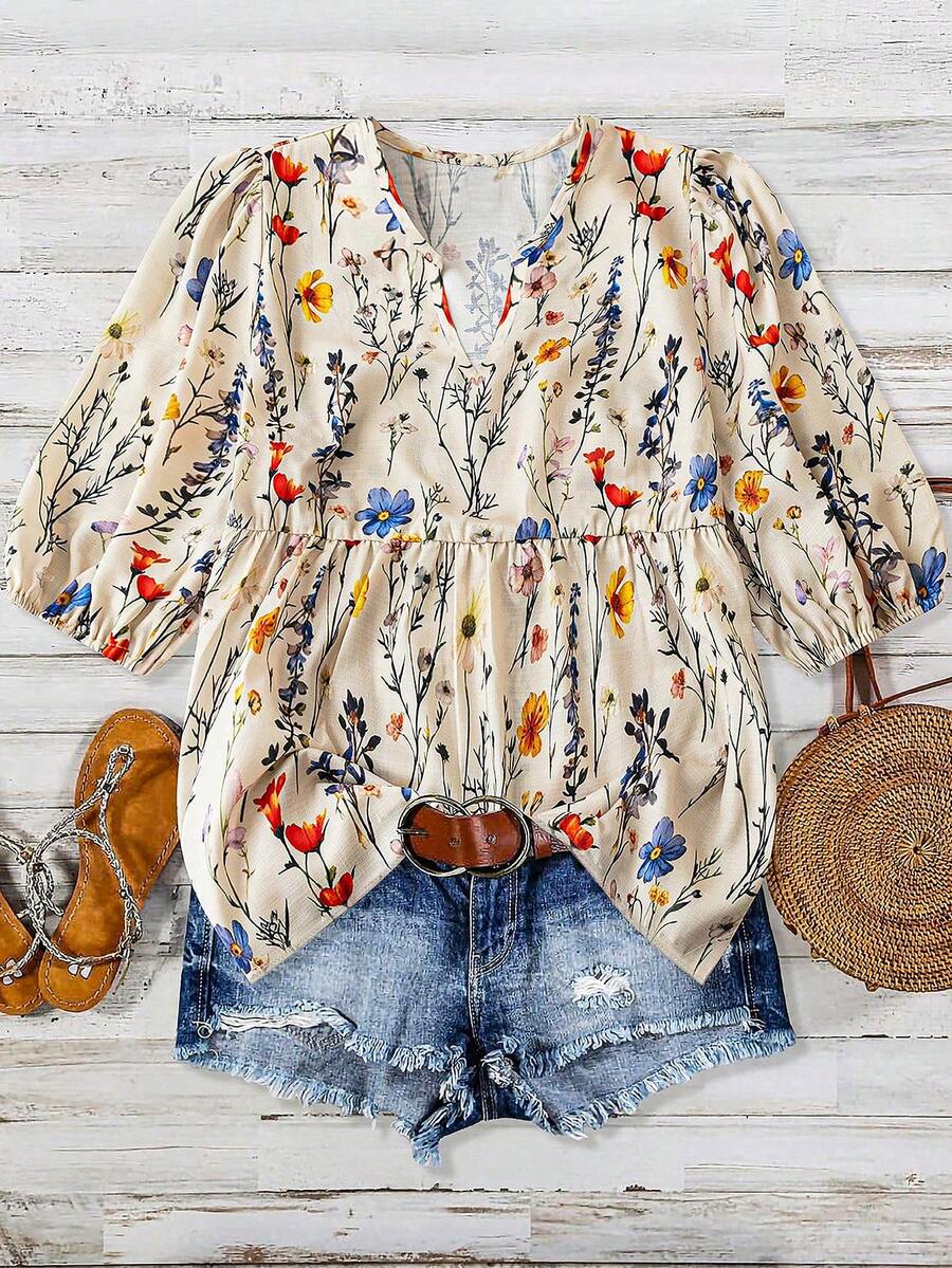 女士时尚印花V领泡泡袖松紧袖口休闲衬衫 - 杏色 - 查看 1