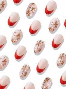 24 Peças de Unhas Curtas Adesivas Decorações de Unhas de Natal Homem de Gengibre Unhas Falsas Curtas e Redondas Adequadas para Uso Diário de Natal, Suprimentos de Unhas Adesivas