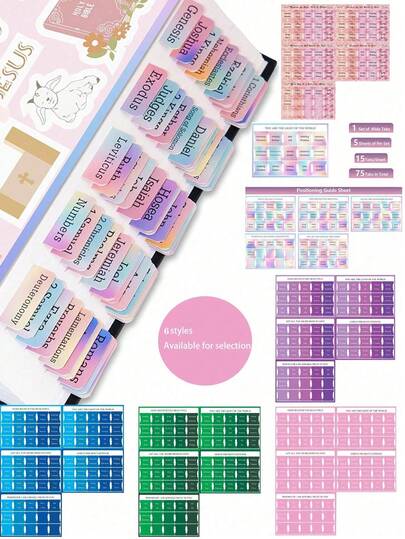 Bible Tags, 75 Tabs, Women And Men Rainbow/Pink/"Colorful"/Blue/Green/Purple Bible Tags, 6 Styles To Choose From, Laminated Bible Tags For Research, Large Font Bible Tags For Easy Navigation, Rip-Resistant Book Index Tags, Suitable For Women And Men, Bible Study Supplies, Easy To Navigate, Christian Gifts, Suitable For Christmas And Birthday Bible Index Tags, Bible Book Label