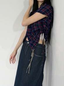 2025 Women's Fashionable Plaid Casual Shirt, Summer - Navy Blue - View 4