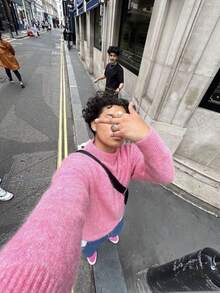 男士休闲纯色针织毛衣，秋冬 - 粉色 - 查看 4