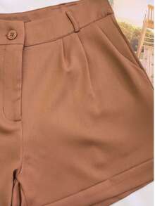 Women's Tailored Shorts With Buttons - Brown - View 4