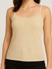 Basic Casual Polyester Sports And Fitness Ribbed Thin Strap Tank Top - 米色 - 查看 2