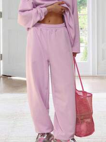 Women Solid Baggy Sweatpants Casual Elastic Waist Wide Leg Sports Pants With Pockets Loose Trousers - 紫色 - 查看 5