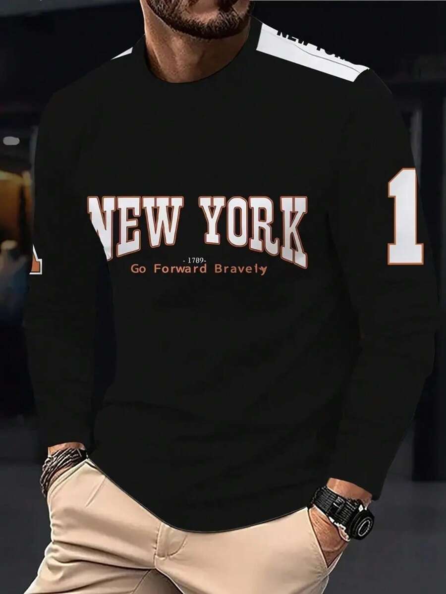 Maglietta con stampa di lettere per uomo taglia grande - Camicia elegante da festa per uomo alto, casual a girocollo a maniche lunghe, stile sportivo elegante