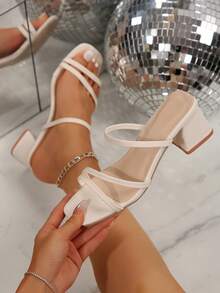 Women's Plus Size Double Strap Chunky Heel Sandals, Sexy White High Heel Square Toe Slip-On Dress Sandals, Suitable For Wedding, Office, Vacation