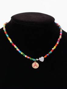 1pc Elegant Teenage Girl Style Gold Stainless Steel 26 Letter Pendant With White Heart Pendant & Colorful Plastic Seed Bead Necklace, Initial Necklace Suitable For Gifts To Girlfriends, Classmates, Friends, Suitable For Street, Travel (Seed Bead Color Random) - Multicolor - View 2