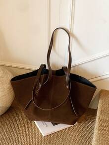 Túi Tote Hình Thang Dung Tích Lớn, Túi Xách Đi Làm Bằng Da Lộn Cổ Điển Châu Âu Và Mỹ Mới, Túi Đeo Vai, Giỏ Hàng - Cà phê nâu - Xem 7