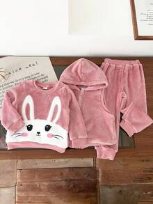 3 Stücke süßer Kaninchen Stickerei Fleece Langarm Top, einfarbige Hose und Kapuzen-Reißverschluss Weste Set, geeignet für Alltag und Outdoor, Herbst/Winter