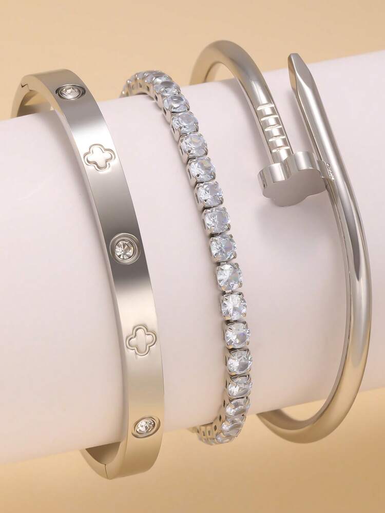时尚复古不锈钢方形锆石手链，银色四叶草指甲手链，适合女性日常佩戴情人节、妈妈、母亲、母亲节、礼物 - 銀色 - 查看 11