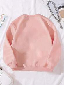 青少年女孩休闲宽松字母与图案印花圆领落肩长袖运动衫，秋冬 - 粉色 - 查看 3