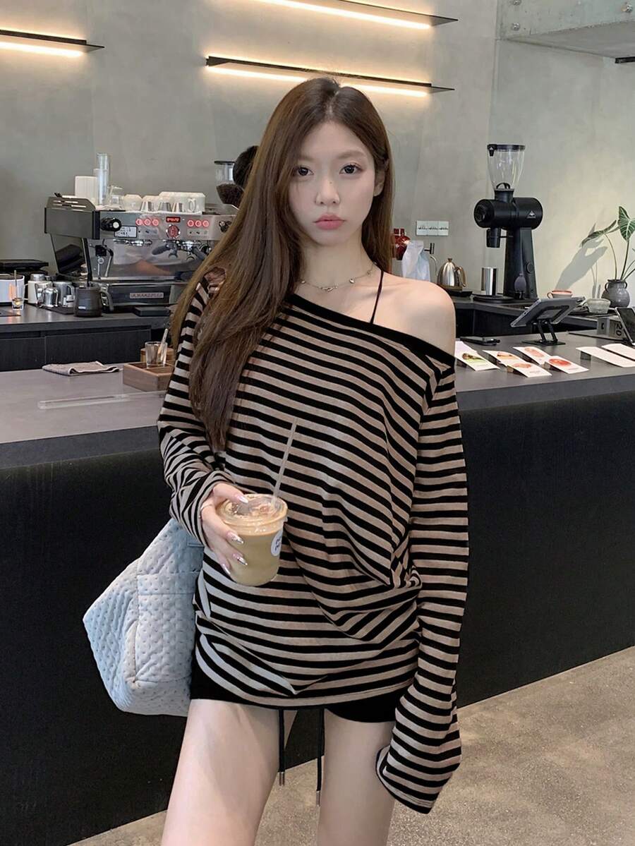 Women Spring Korean Loose Striped Off Shoulder Long Sleeve T-Shirt Top - Black - View 1
