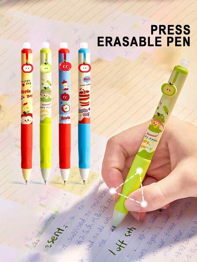 4支装 Apple Party 热可擦凝胶笔 | 可填充按压式中性墨水笔，适合男孩和女孩 | 软握 | 黑色和水晶蓝 | 高美感摩擦和魔法擦除可重写书写笔