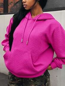Capucha con estampado de cuadros con cordón con bolsillo de canguro - Rosa - Ver 2