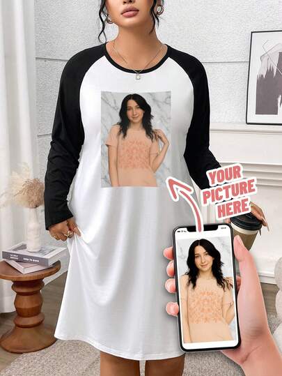Custom Plus-Size Women Dress - Cozy Long Sleeve, Raglan Sleeves, Personalized Photo Print, Fall Outfit