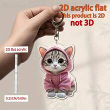 2D Flat, 1 Cute Pink Hoodie Kitten Keychain - Flat 2D Acrylic Keychain, Waterproof Bag Accessory, Women's Birthday Gift, Cat Enthusiast - Compact Wallet Accessory, Lively Design, Durable Buckle - 1pc - View 4