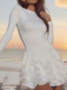 Abito lungo a maniche lunghe elegante e monocromatico da donna, adatto per l'autunno, marchio WOWDARK