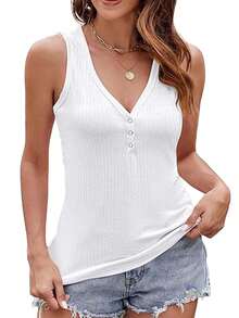 KAHULE Womens Ribbed Knit Tank Tops V Neck Sleeveless Sunmmer Casual Tops - 白色 - 查看 5
