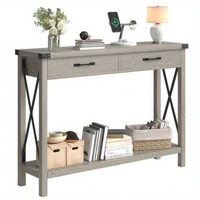 42.9-Inch Ultra-Narrow Desk With Dual-Tier Storage, Available In Gray, Perfect For Entryways, Living Rooms, Hallways, Foyers, And Offices