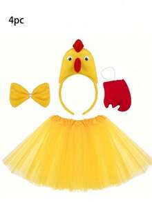 4件套女士可爱黄色涤纶小鸡服装 - 3D头箍、领结、尾巴和蓬蓬裙套装，适合各种嘉年华和派对装扮